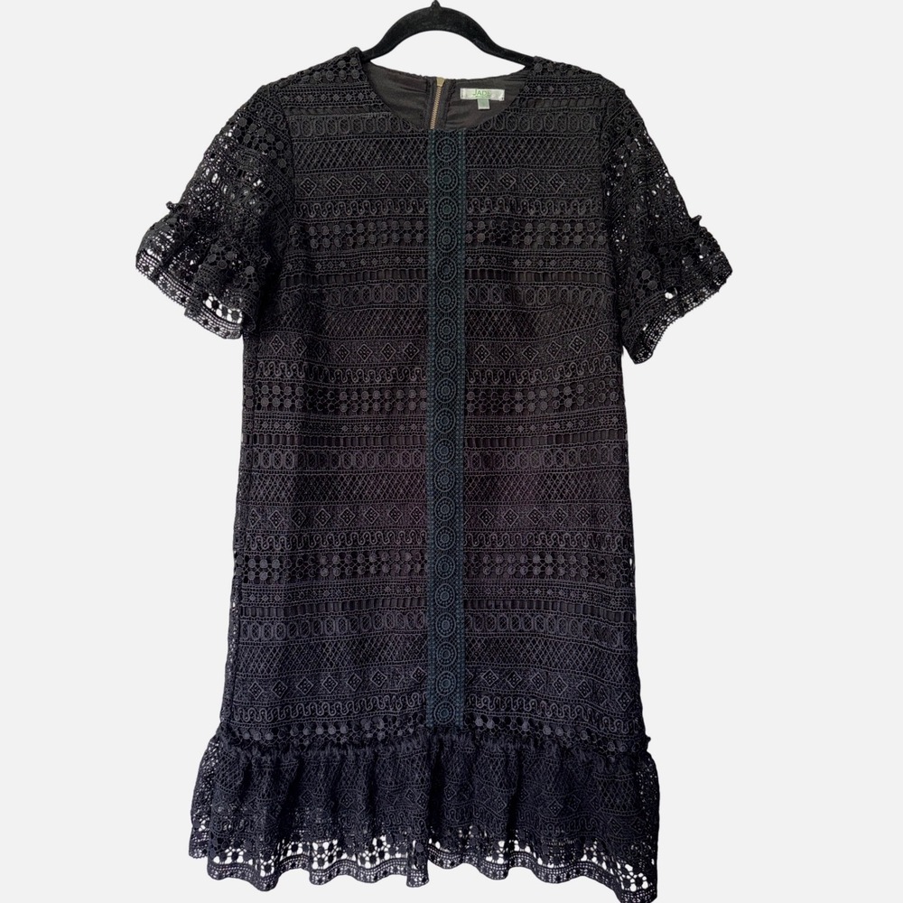 Jade Melody Tam Black Eyelet Lace Shift Dress Ruffle Hem Short Sleeve Small